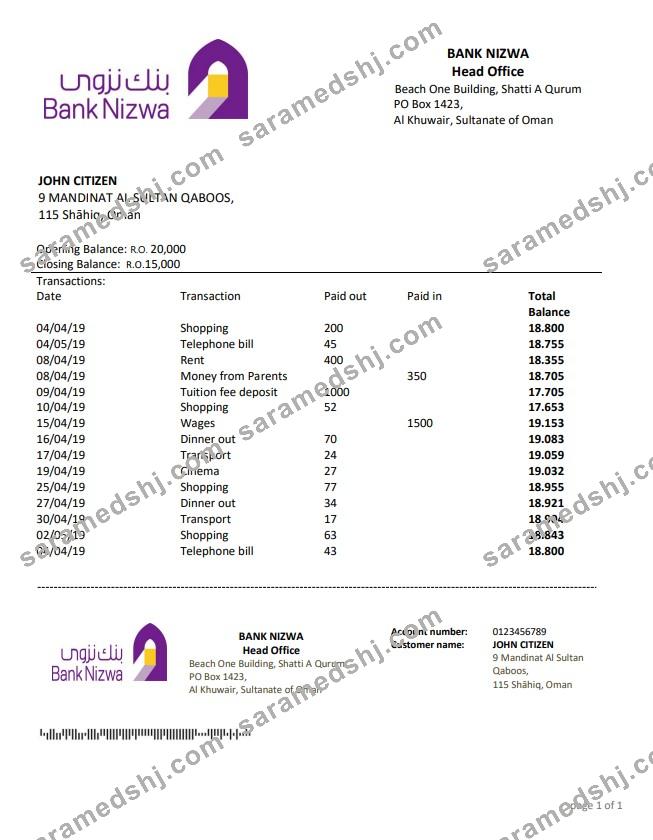 Oman Bank Nizwa bank statement